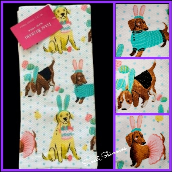 2pc Easter Bunny Lab Dachshund Beagle Dog Kitchen Towel Set Isaac Mizrahi New - Picture 1 of 9